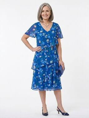 Jacques Vert Blue Tiered Dress With Floral Iris Print
